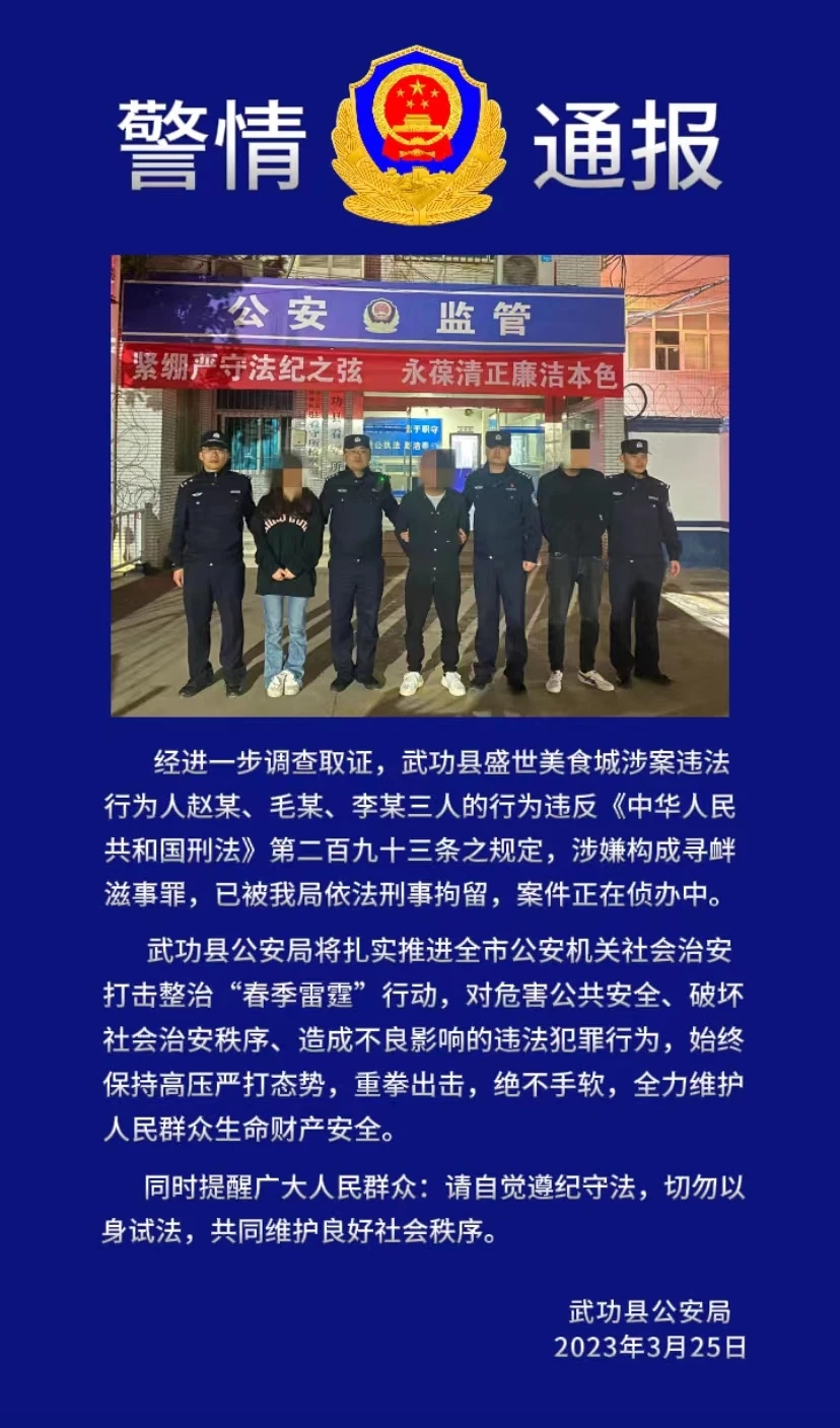 女子在陕西一美食城内遭多名男子殴打，警方：三名打人者已被刑拘