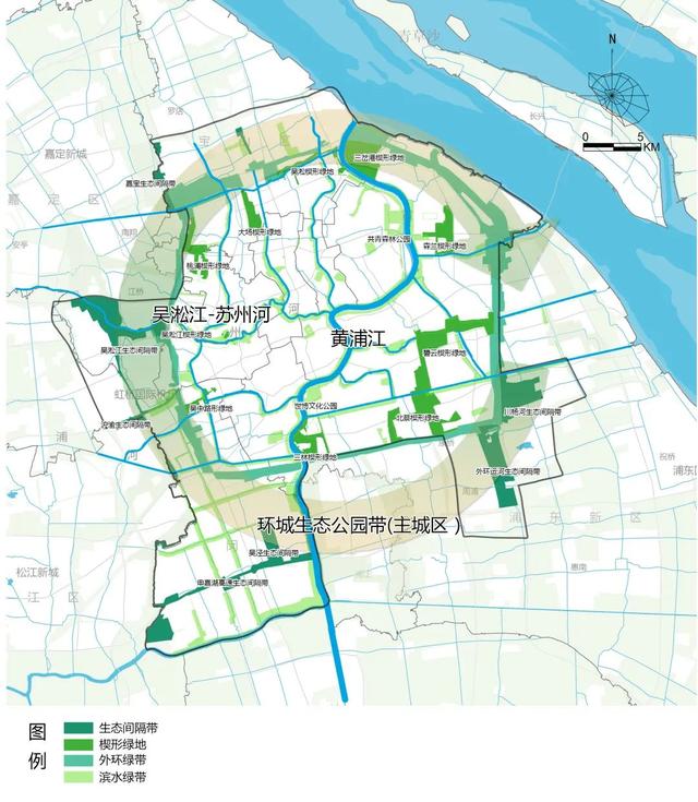上海主城区生态空间结构图。图片来源：上海市生态空间专项规划（2021-2035）
