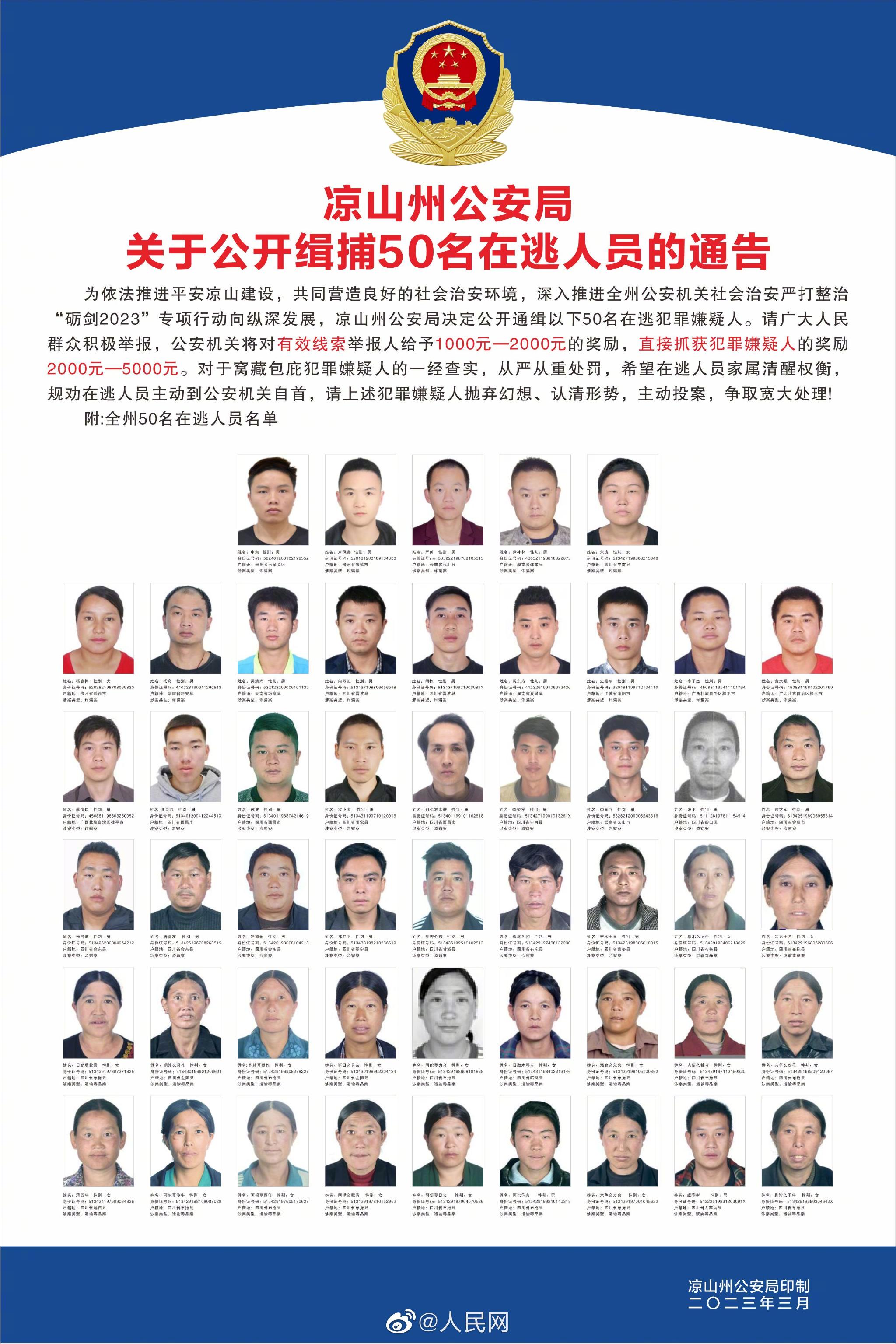 看到请报警!四川凉山公安通缉50名逃犯