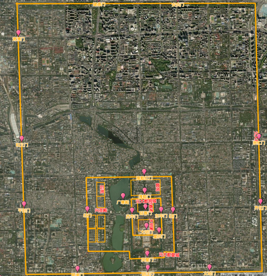 元大都布局与卫星图对比(图片来自网络)