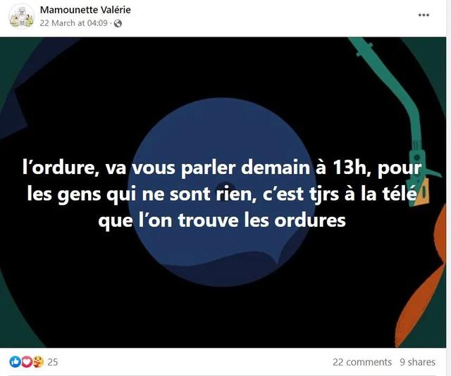 Valérie在脸书发布的原帖截图，截至发稿该帖尚未删除