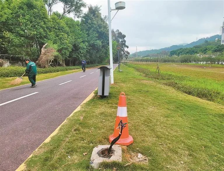 罗湖体育休闲公园里路灯损坏。深圳晚报记者 罗明 摄