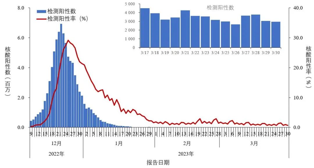 图1-1 全国报告人群新型冠状病毒核酸检测阳性数及阳性率变化趋势 （数据来源于31个省（区、市）及新疆生产建设兵团报告） 