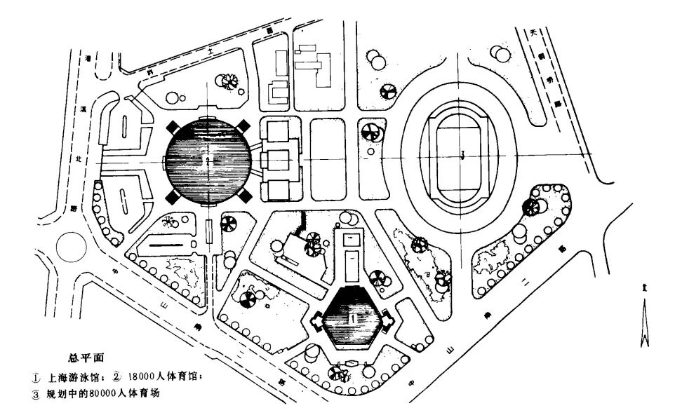 上海体育馆、上海游泳馆及规划中的上海体育场总平面图