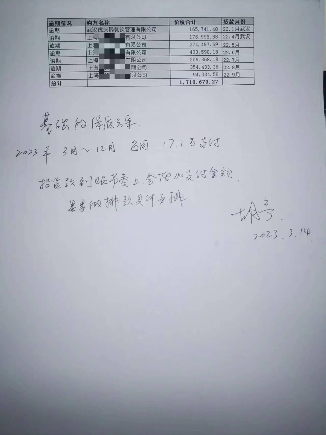 图注：玲冬向Tech星球出示的一张胡亭亲笔写的，给上海一家耗材用品供应商写的排款计划，玲冬称目前该公司已起诉。