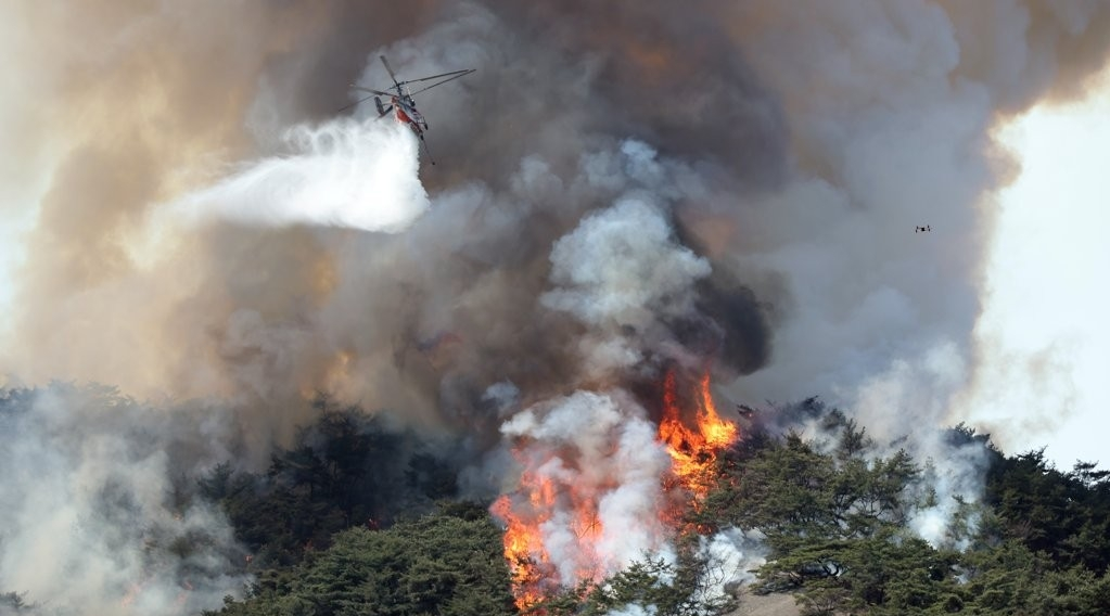 4月2日，位于首尔市钟路区的仁王山发生山火，消防直升机正开展灭火工作。图源：韩联社