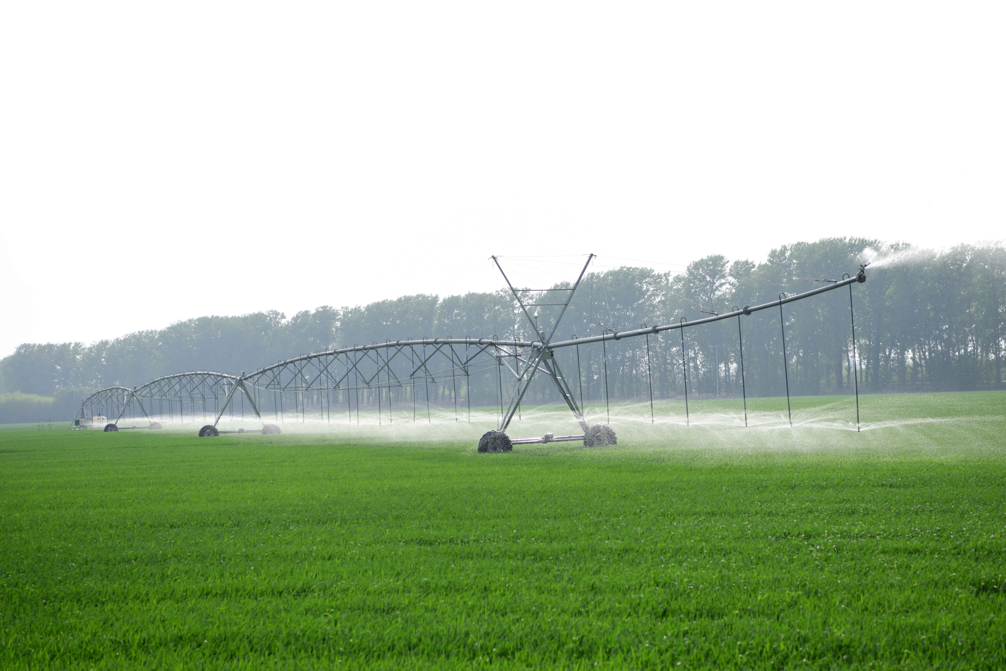 农田里,大型喷灌机正在进行春季浇水作业