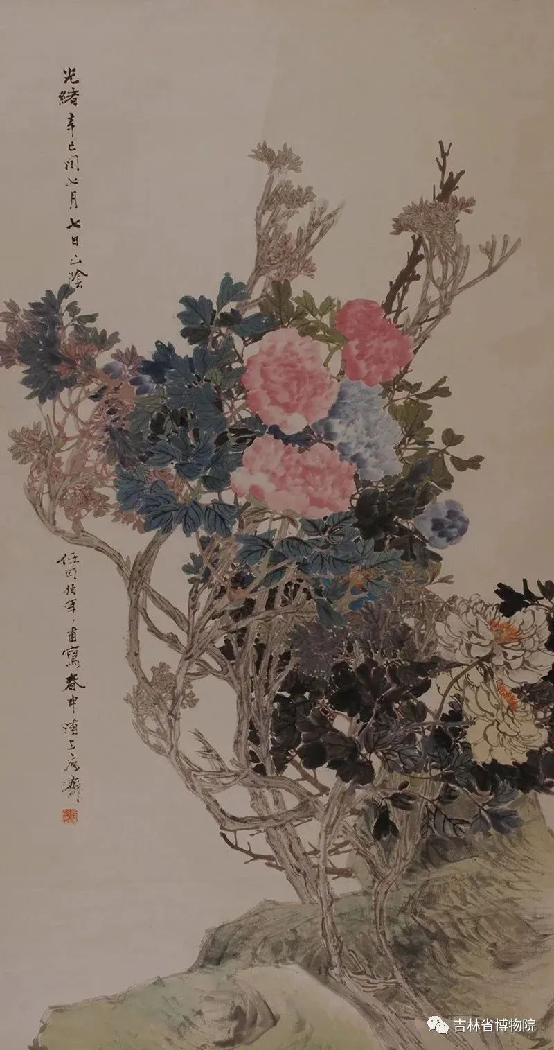 任伯年《三色牡丹图轴》,1881年