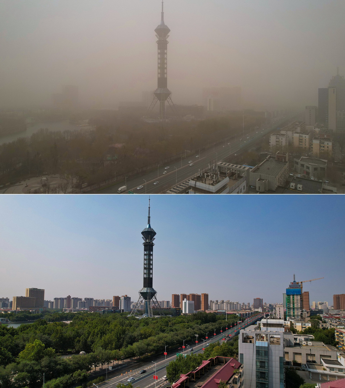 上图:2023年3月22日,航拍被沙尘笼罩的石家庄市区.