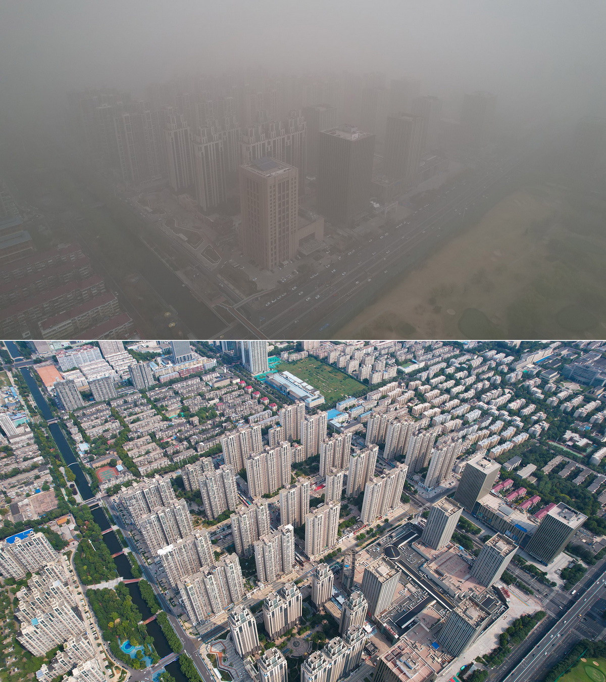 上图:2023年3月22日,航拍被沙尘笼罩的石家庄市区.