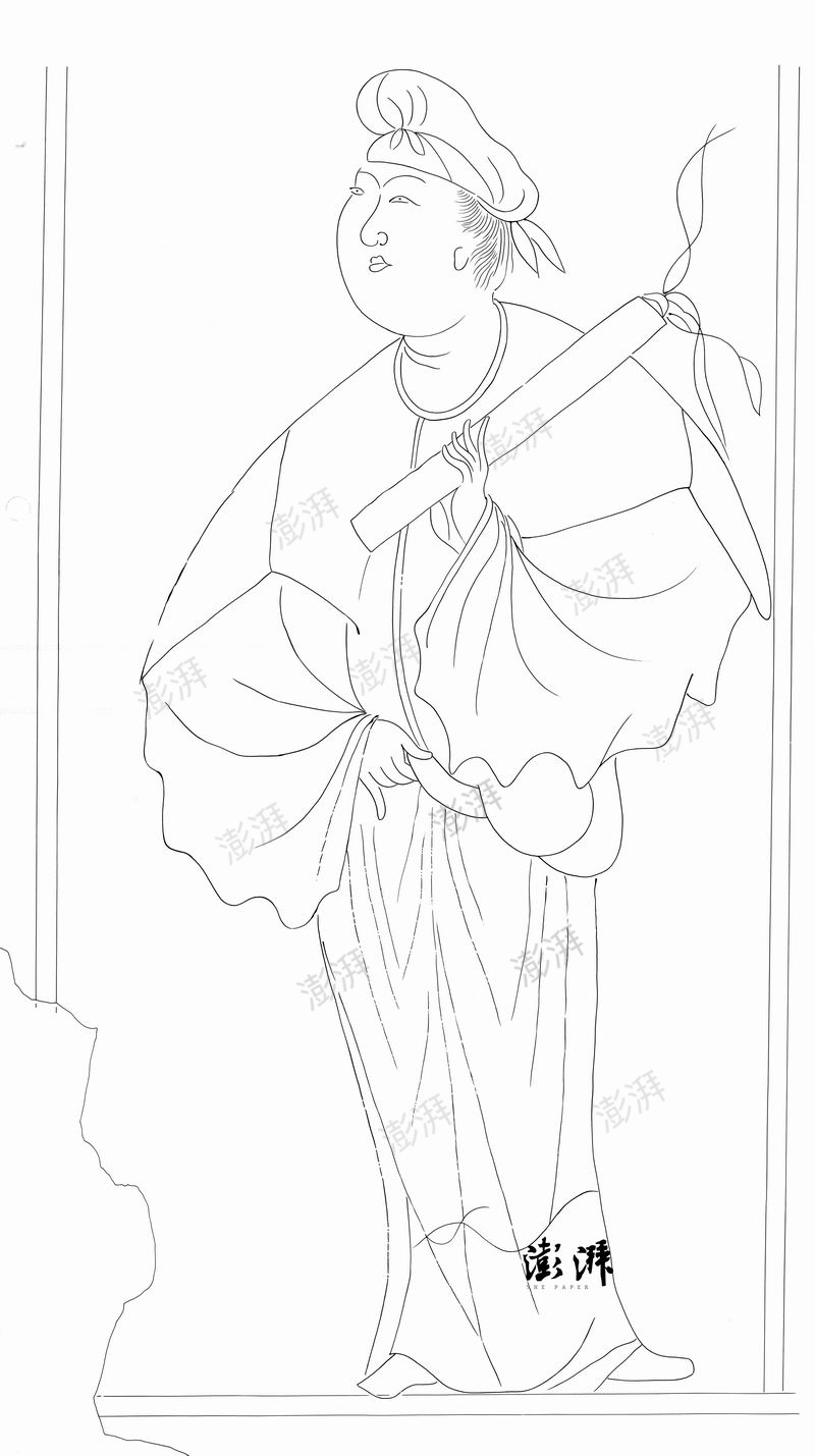 图6 男装侍女左手持画筒丝袋,右手握牛舌墨锭.