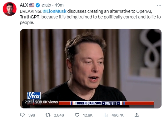 马斯克创立新AI公司开发聊天机器人TruthGPT，旨在探索宇宙奥秘，反对竞争对手OpenAI的ChatGPT训练模型说谎并可能毁灭人类