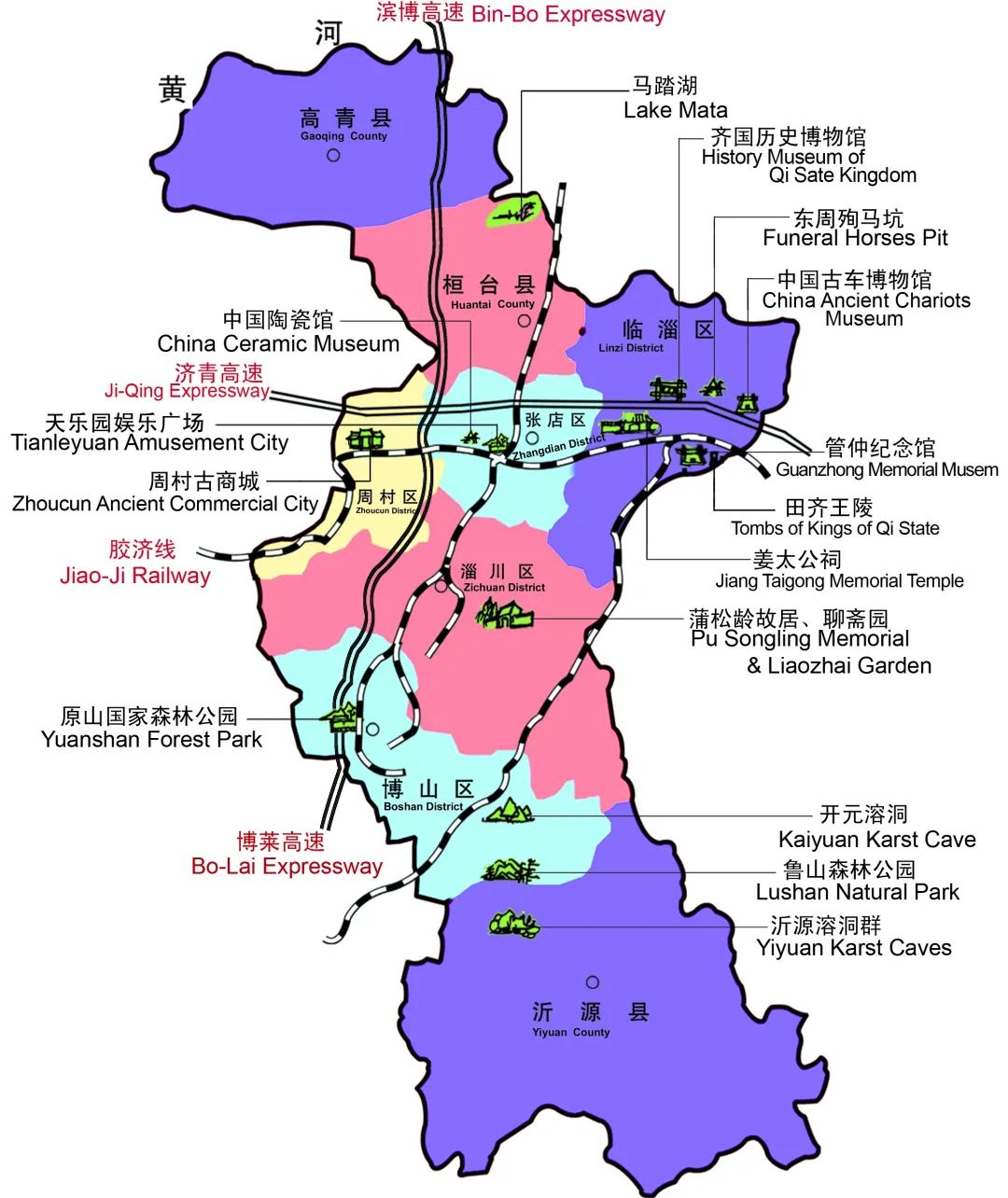 观察淄博的地图就会发现,淄博市区和下属的县级市排成了一字长蛇阵.