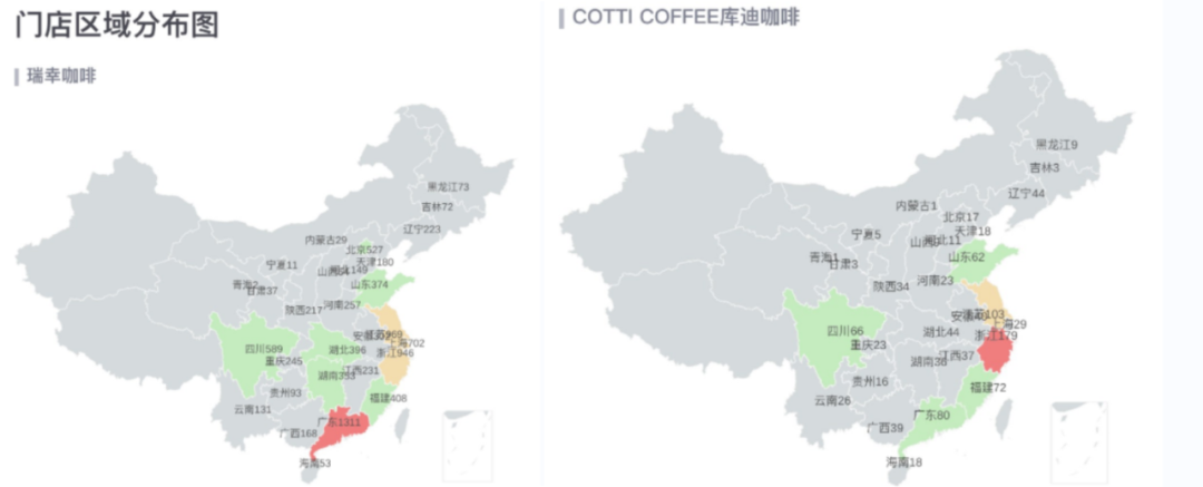瑞幸vs库迪咖啡全国门店区域分布(数据来源:窄门餐眼)