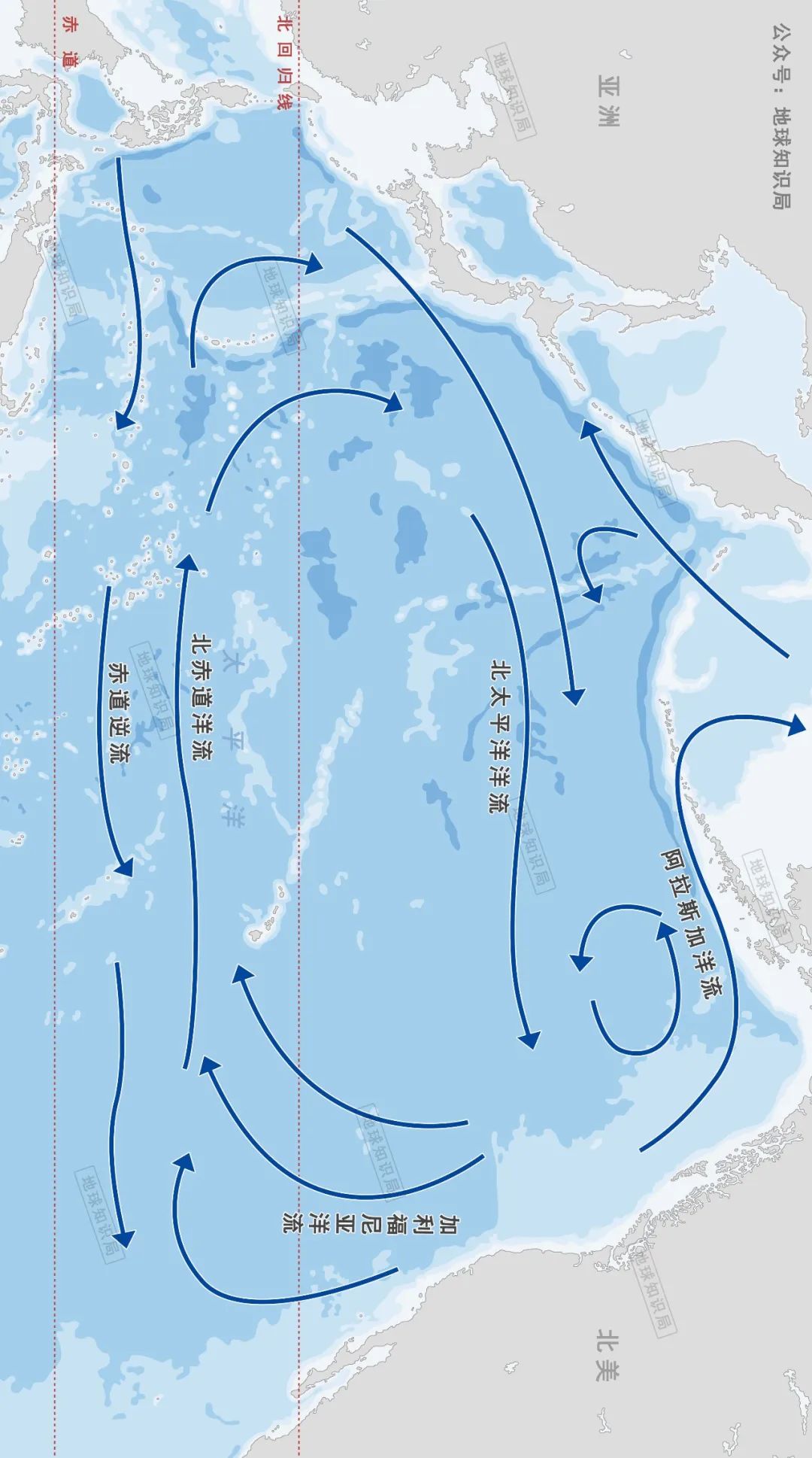 北赤道洋流,黑潮洋流和北太平洋洋流顺时针旋转,形成了北太平洋副热带