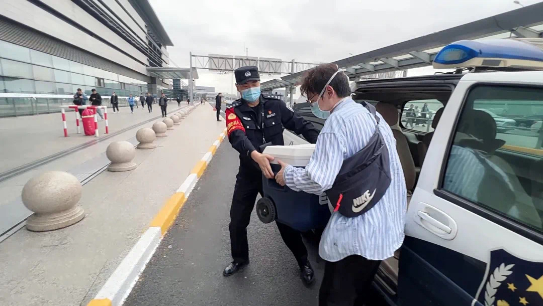 警车开道一路从上海浦东国际机场将器官护送到虹桥火车站.