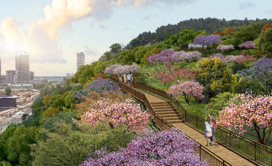 鹿山公园南入口花街栈道效果图临崖观景区充分利用地形高差条件,营造