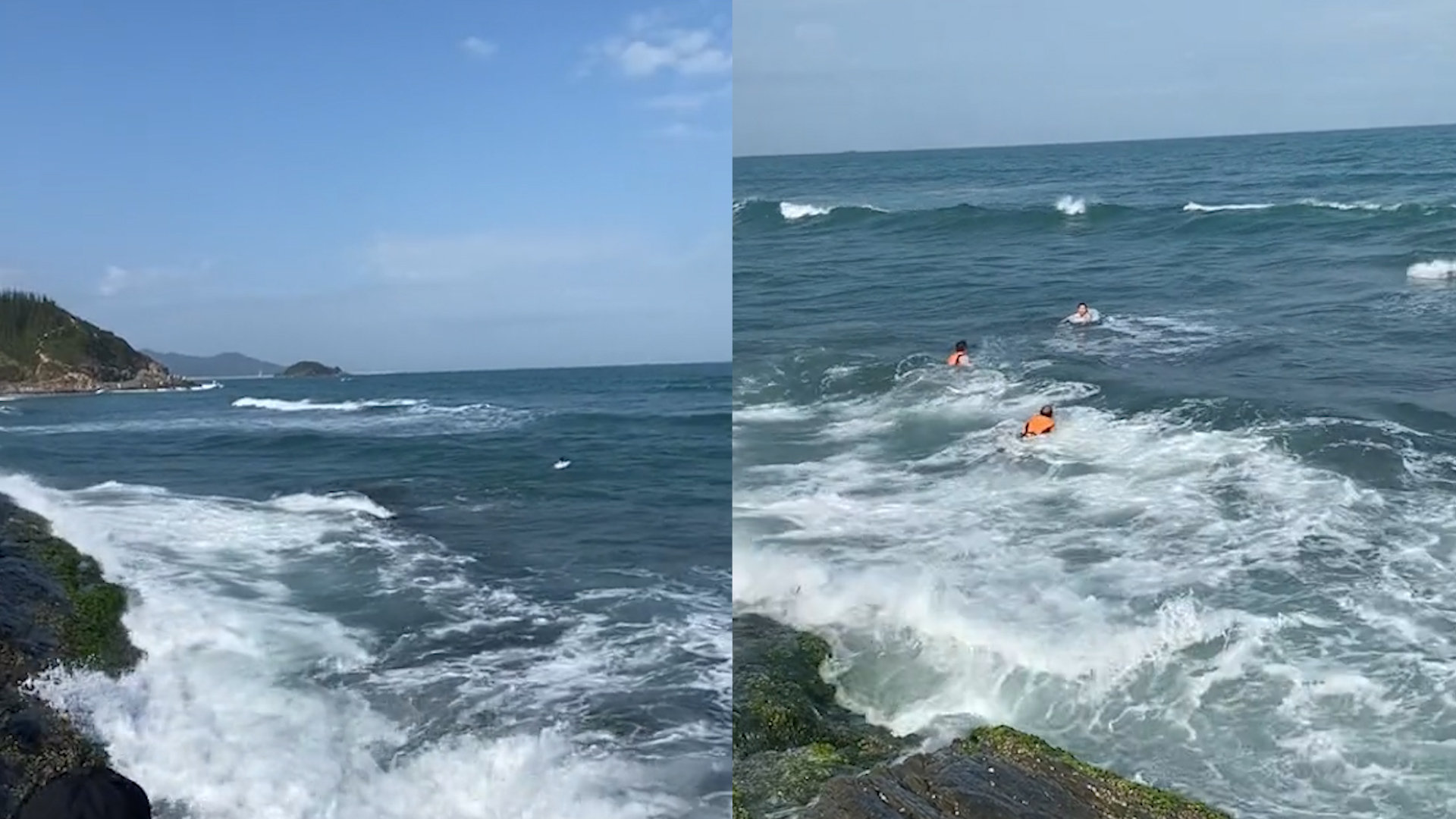 男子遇离岸流被水冲走,风浪没过头顶太惊险,叔侄俩不畏巨浪救回|营救_新浪新闻
