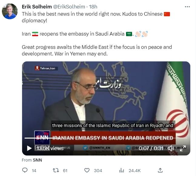 聯合國前副秘書長兼環境規劃署前執行主任索爾海姆5月3日發推稱贊中國外交。稱贊圖片來源：索爾海姆社交媒體截圖