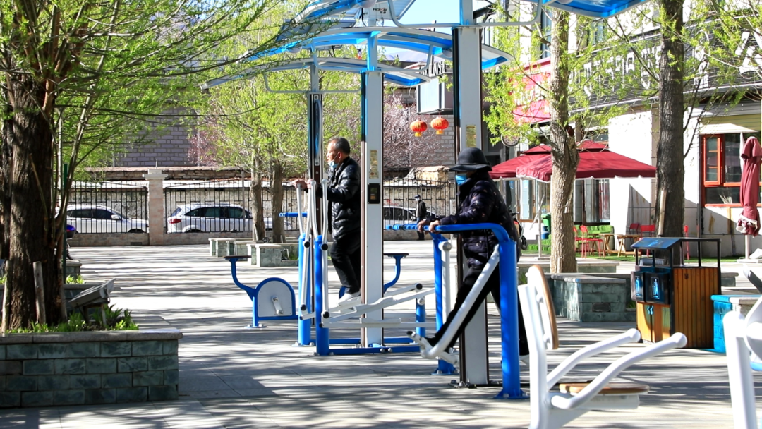 图为曲米路湿地公园智能室外健身器材.