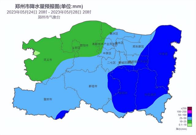 图1 2023年5月24日20时至28日20时郑州市降水量预报图(单位:mm)