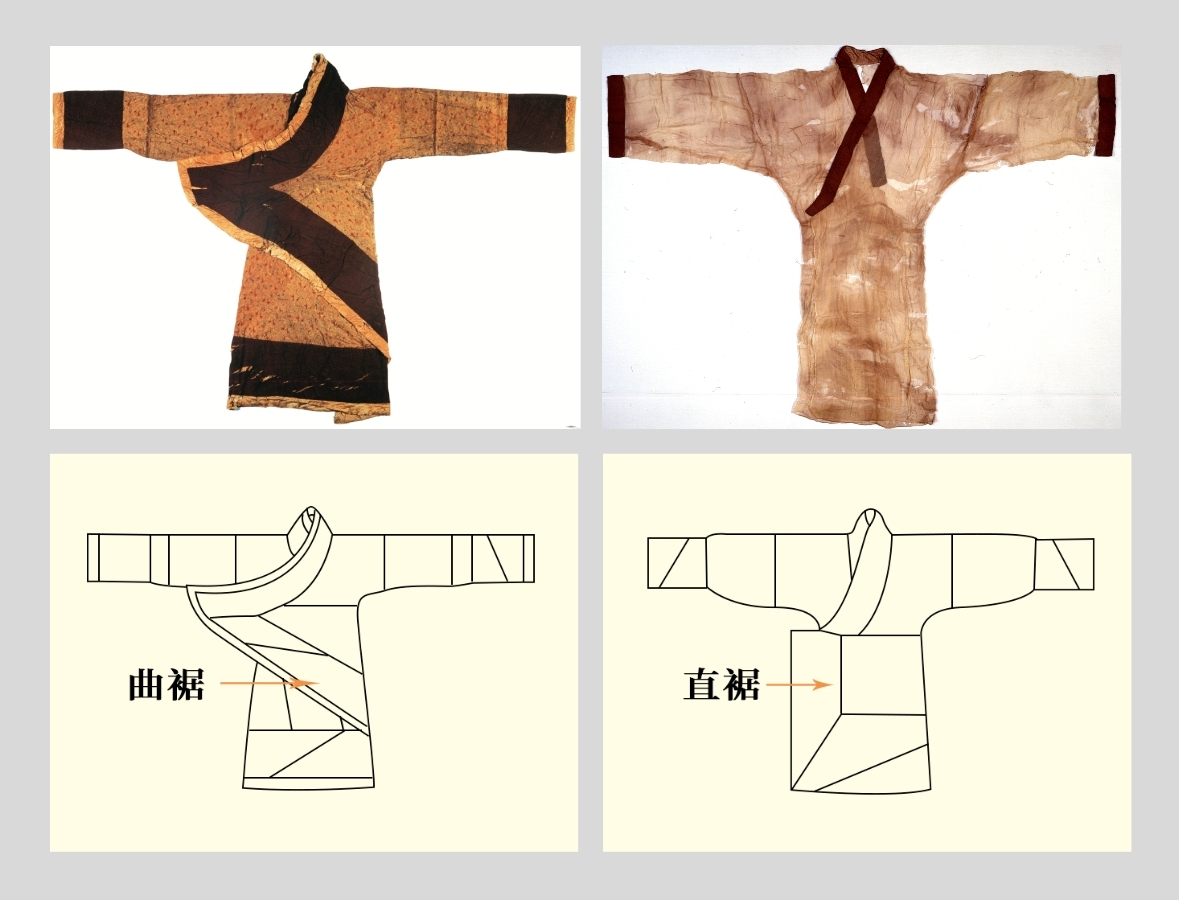 马王堆一号汉墓出土的罗地"信期绣"丝绵袍(曲裾),素纱单衣(直裾)