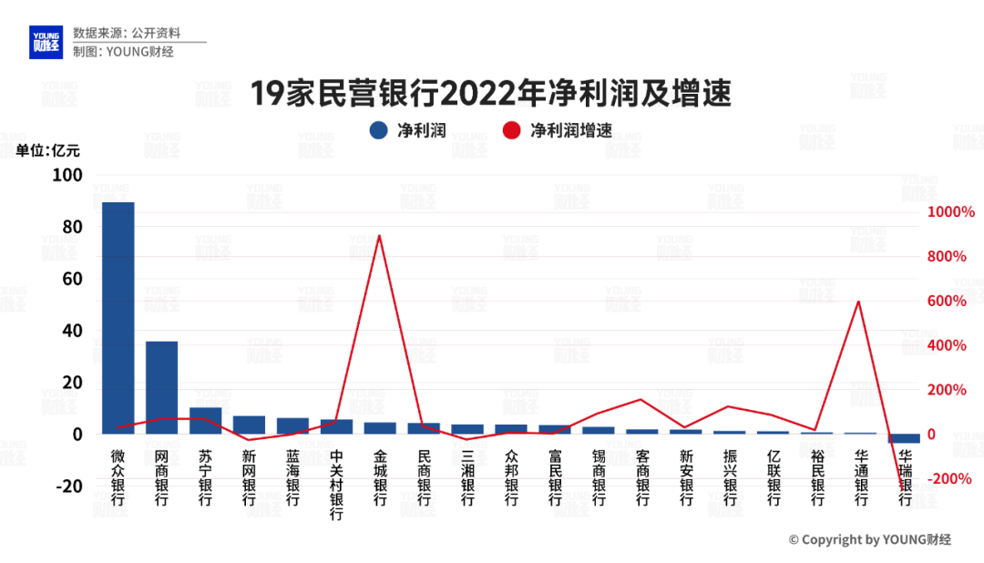 19家民营银行2022年净利润及增速 图源/公开资料 制图/YOUNG财经