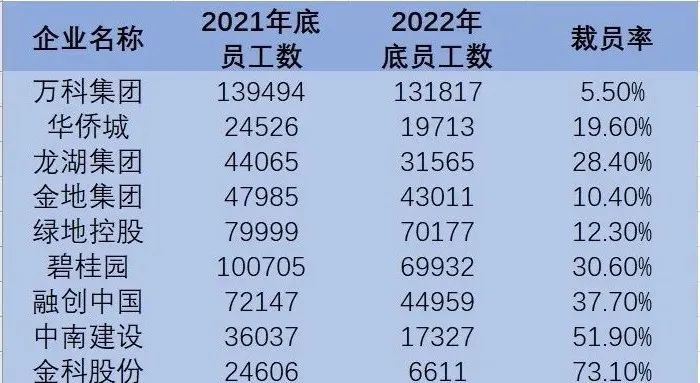 （疫情以来，科技公司和房地产企业裁员情况，数据来源：各公司年报）