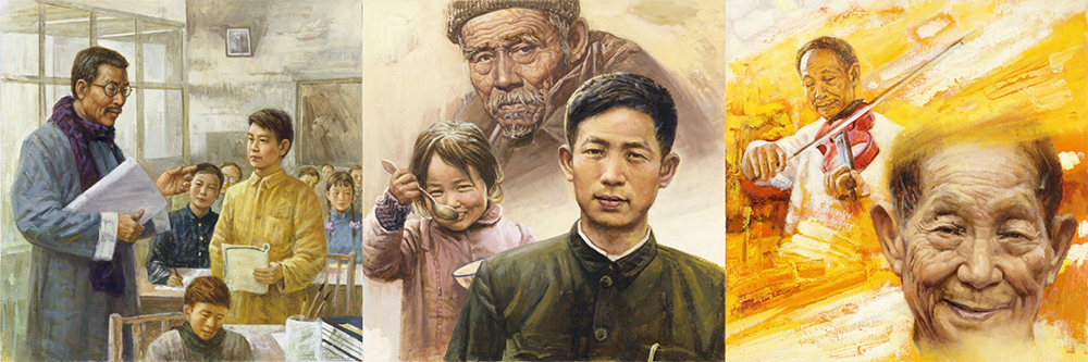 左起:袁隆平少年形象,袁隆平青年形象,袁隆平老年形象