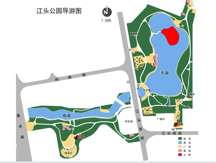 ▲江头公园平面图（红色区域为泡茶区）