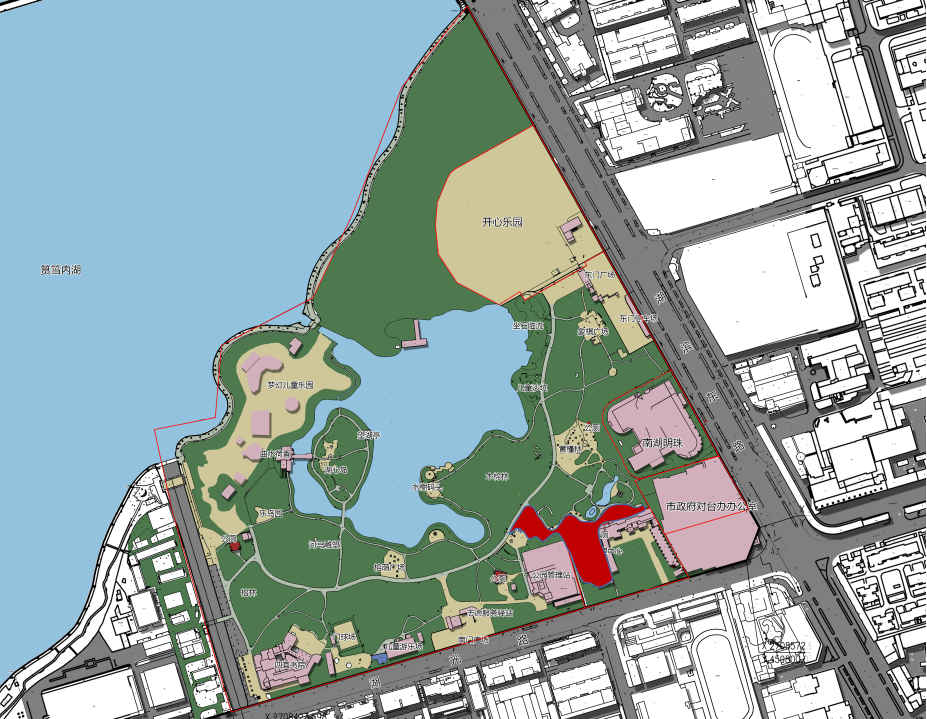 南湖公园平面图(红色区域为泡茶区)