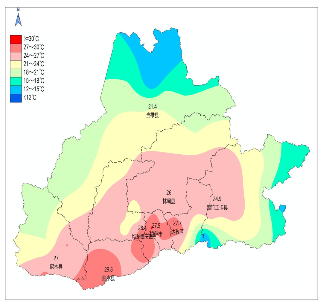 图1:6月1至8日拉萨市最高气温实况图 (单位:℃)