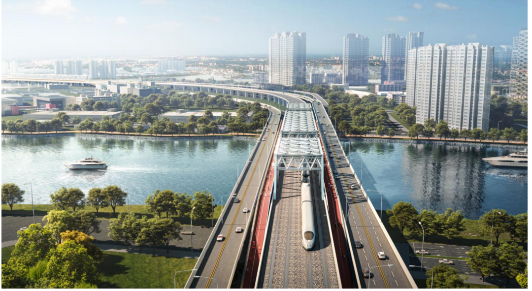 珠江大桥东桥效果图.现有的二线普速铁路将升级为四线高速铁路.