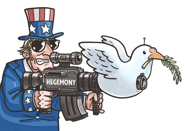 美国打着和平的幌子散播自己的霸权.(图片来源:中国日报 作者:蔡艨)