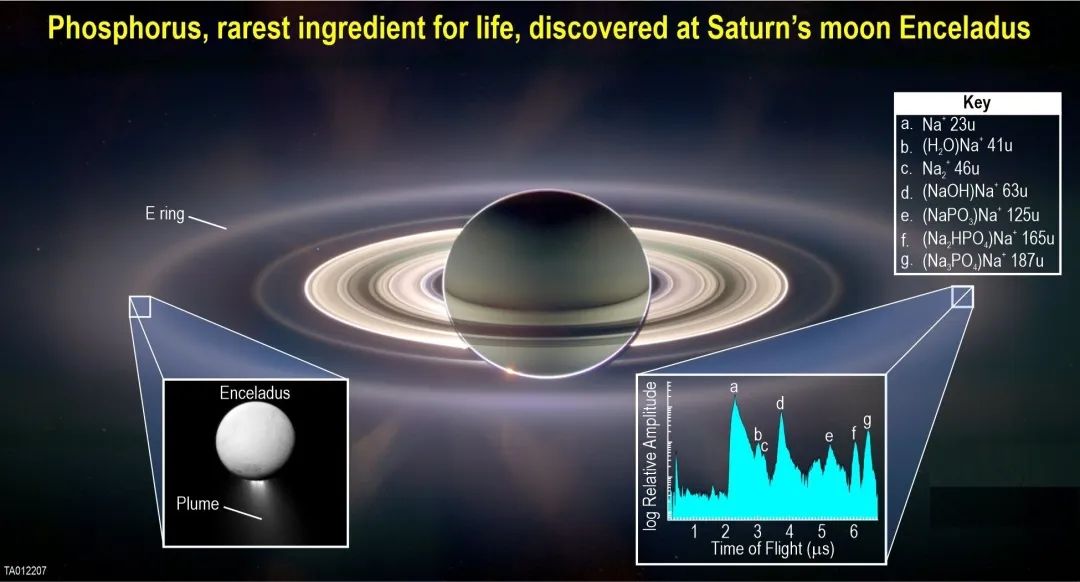 土卫二上发现生命关键组成元素磷。图片来源：“卡西尼”号成像团队/西南研究所等