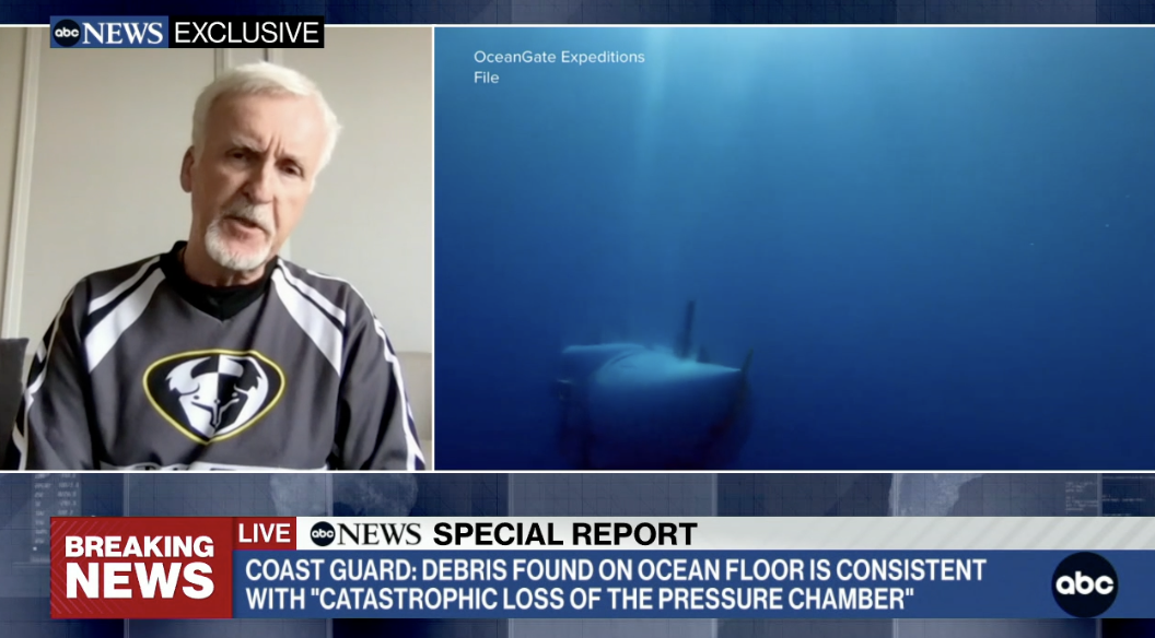 ▲深潜器发生“灾难性内爆”后，卡梅隆在22日接受美国广播公司（abc）采访的视频截图