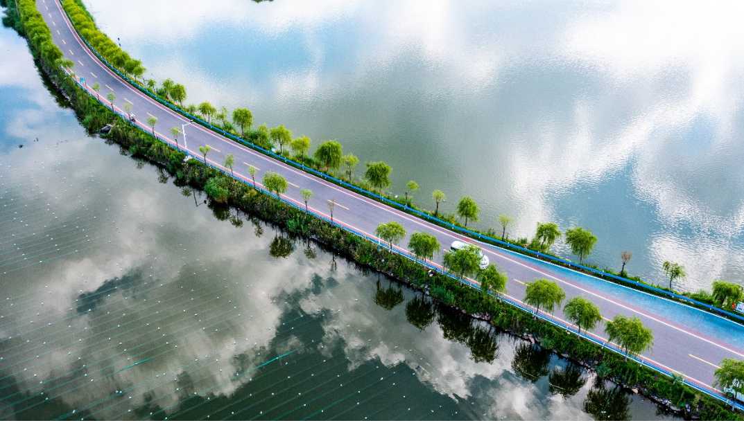 6月26日,在安徽省淮北市杜集区航拍的一条乡村公路,宛若穿梭在白云中.