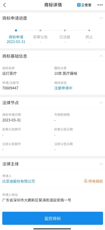 比亚迪恳求医疗器械类商标，图源企查查