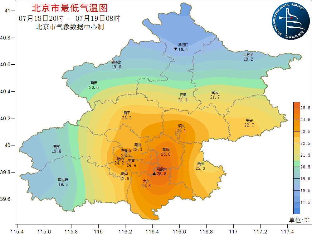 7月18日20时至19日08时北京市最低气温图