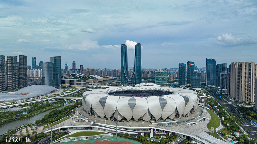 2023年6月29日,航拍杭州亚运会主会场奥体中心及周围城市风光.