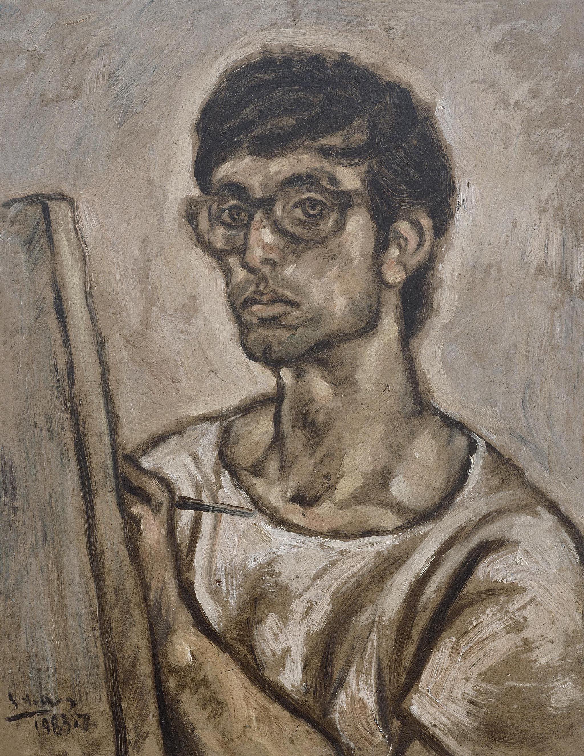 张晓刚&nbsp;自画像,木板油画,45.8&nbsp;x&nbsp;34.8cm,&nbsp;1983