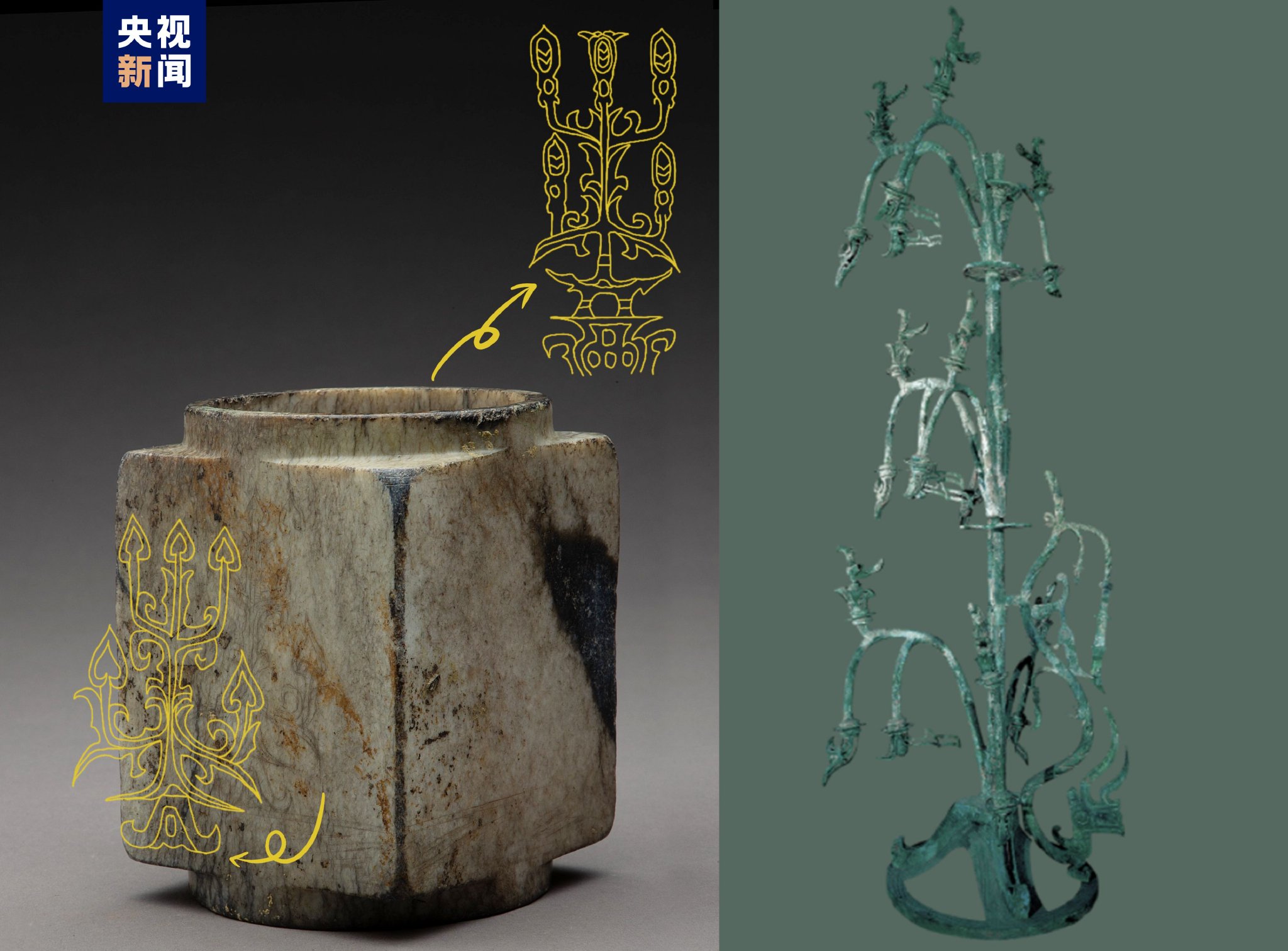 左图为神树纹玉琮,右图为青铜神树.