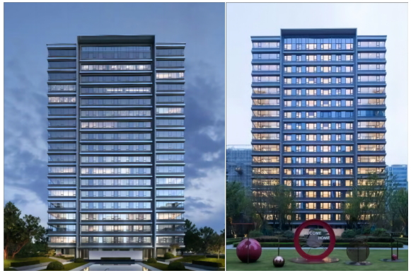 滨江玺建筑外立面效果图(左)与实景(右)比较