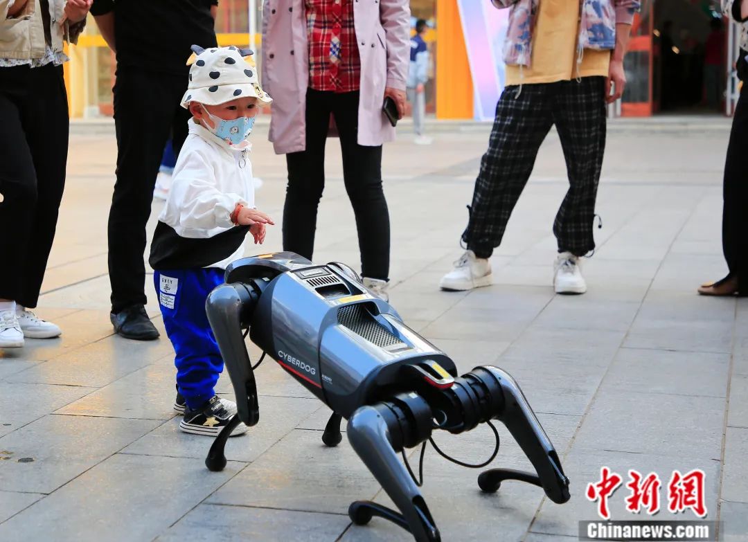 2022年4月9日，在宁夏银川饱读楼步行街，别称小一又友与机器东说念主“铁蛋”互动。袁宏彦摄