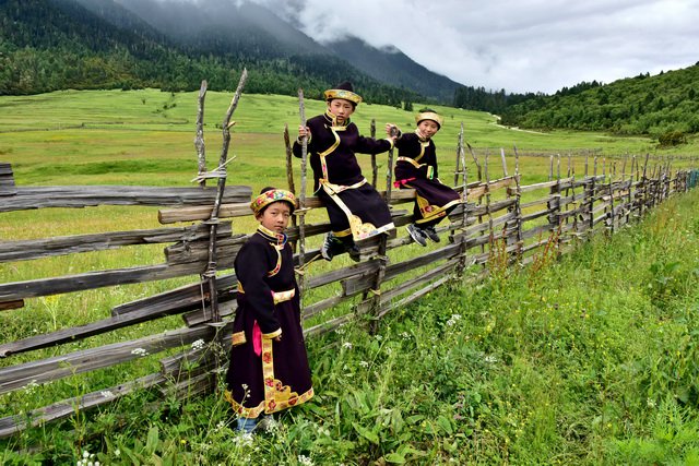 西藏自治区林芝市鲁朗镇的草原和孩子们  照相/章轲