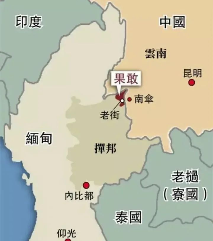 缅甸与中国的方位图