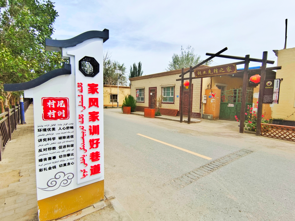 近日,走进新疆若羌县瓦石峡镇乌都勒斯塘村,村民家家户户门口挂着一块