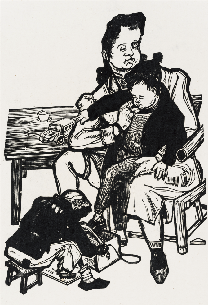 张漾兮 《檫皮鞋的孩子》黑白木刻 1946年