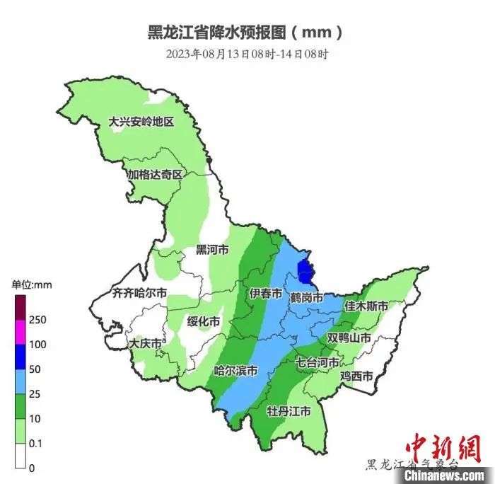 黑龙江省2023年8月13日8时至14日8时降水量预报图。黑龙江省气象局供图