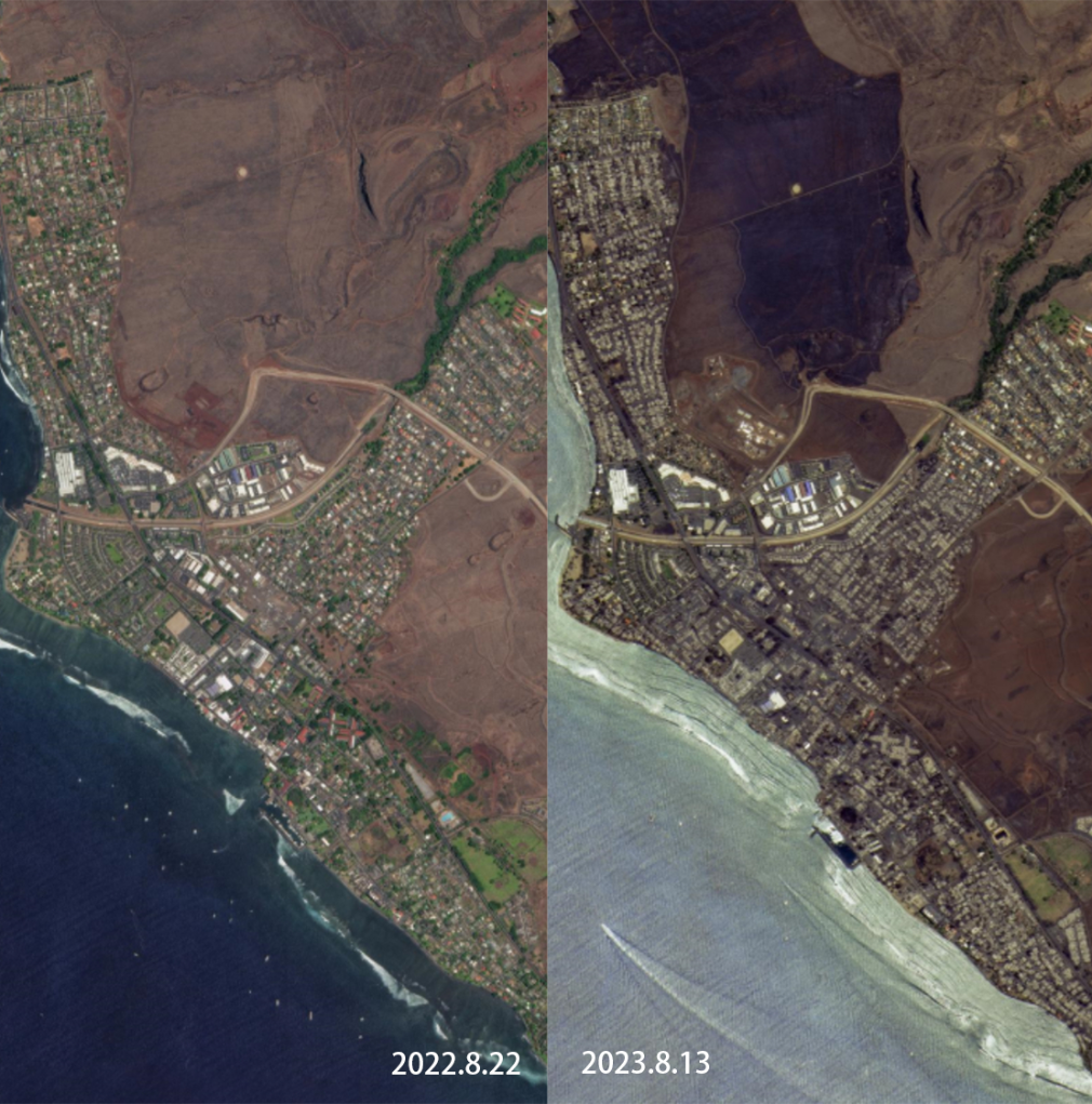 卫星影像对比图显示,夏威夷毛伊县拉海纳小镇海岸边的建筑物几乎都